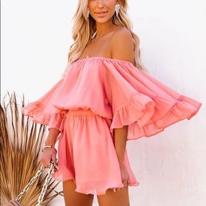 Vici - Definitely Demure Off Shoulder Romper Coral